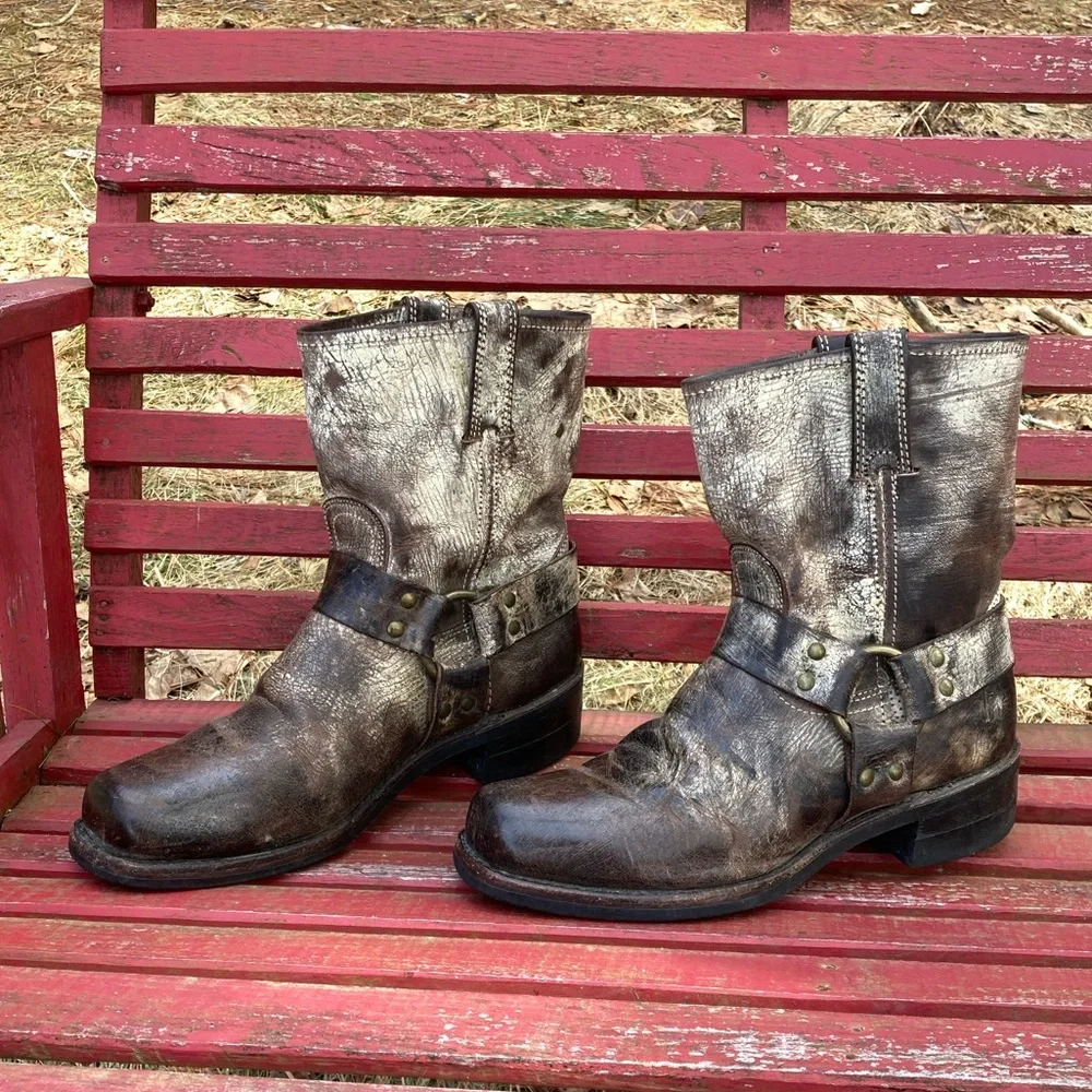 Rare FRYE 8” Harness Square Toe Vintage Leather Brown Size 9.5 - Picture 4 of 12